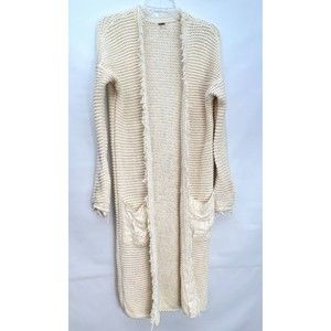 Free People Woodstock Cardi Cardigan Sweater Frayed Trim Longline Ivory Size L